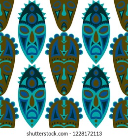 Seamless Pattern. Abstract Seamless Pattern with Color Masks for Poster or Banner. Ethnic Seamless Pattern with Color Trible Shamanic Masks for your Design. Vector Texture.