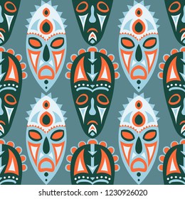 Seamless Pattern. Abstract Seamless Pattern with Color Masks for Textile or Paper. Ethnic Seamless Pattern with Color Trible Shamanic Masks for your Design. Vector Texture.