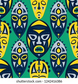 Seamless Pattern. Abstract Seamless Pattern with Color Masks for Textile or Paper. Ethnic Seamless Background with Color Trible Ritual Masks for your Design. Vector Texture.