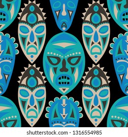 Seamless Pattern. Abstract Seamless Pattern with Color Masks for Card or Poster. Ethnic Seamless Pattern with Color Trible Shamanic Masks for your Design. Vector Texture.