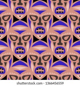 Seamless Pattern. Abstract Seamless Pattern with Color Masks for Card or Poster. Ethnic Seamless Pattern with Color Trible Shamanic Masks for your Design. Vector Texture.