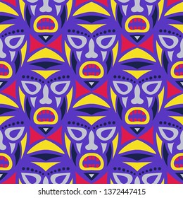 Seamless Pattern. Abstract Seamless Pattern with Color Masks for Poster or Banner. Ethnic Seamless Pattern with Color Trible Shamanic Masks for your Design. Vector Texture.