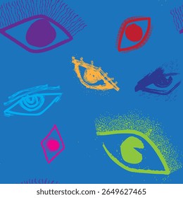 Seamless pattern of Abstract Color Pop Ink Eyes Pattern for textile, fashion design, or funky visual backgrounds.