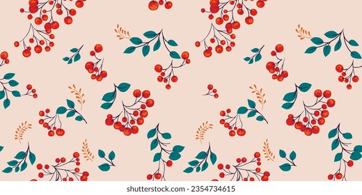 Seamless pattern with abstract colorful berry bouquets. Juniper, boxwood, viburnum, holly, holi, barberry. Botanical illustration. Autumn, Thanksgiving Day print. Vector hand drawn.