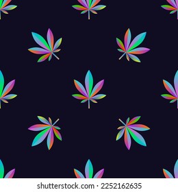 Nahtloses Muster. Abstraktes und bunter Cannabisblatt-Design. Marijuana Blätter und psychedelisches, hohes, trippiges Ambiente mit hellen Neonfarben auf dunklem Hintergrund.