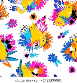 Patrón sin costura con gatos coloridos abstractos en impresión de flores sobre fondo blanco.  Textura creativa para tela, textil, Fondo de pantalla, ropa. Ilustración vectorial brillante