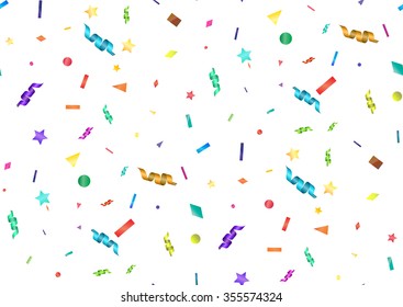 Seamless pattern with the abstract colorful confetti background. Isolated on the white. Vector holiday illustration.