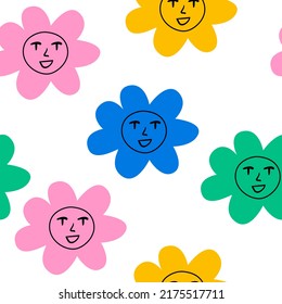 Seamless pattern with abstract colorful daisy flowers with cute faces. Vector background in 90s, 00s and kidcore style