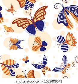 Seamless pattern of abstract colorful decorative butterfly mint, blue and brown color flat vector illustration on white background