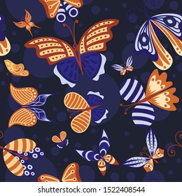 Seamless pattern of abstract colorful decorative butterfly mint, blue and brown color flat vector illustration on dark background