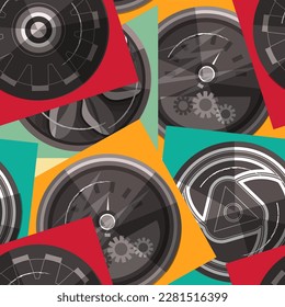 Seamless pattern with abstract colorful decorative elements and stylized technical devices. Vector illustration