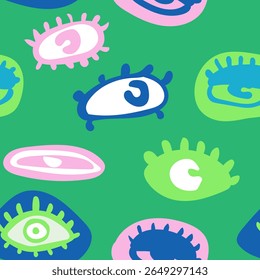Seamless pattern of abstract colorful eyes with a playful and quirky pop-art style. Great for textile, fashion design, or funky visual backgrounds.