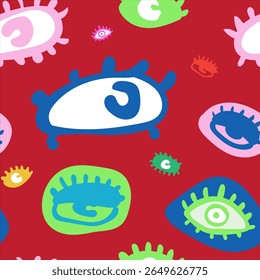Seamless pattern of abstract colorful eyes with a playful and quirky pop-art style. Great for textile, fashion design, or funky visual backgrounds.