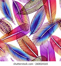 Seamless pattern with abstract colorful feathers. Vector, EPS10. 