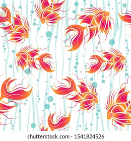 Seamless pattern. Abstract colorful fish, waves and bubbles on white background. Creative illustration.
