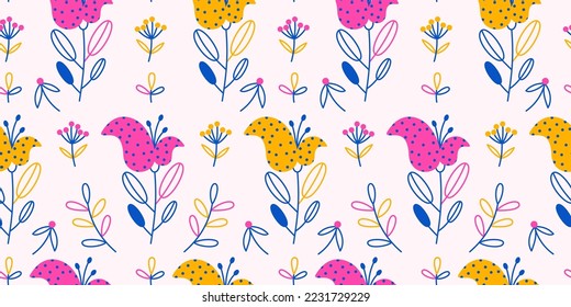 Seamless pattern with abstract colorful flowers and leaves. Childish floral vector flat illustration for design of fabric, paper, and other surfaces