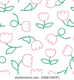 Seamless pattern with abstract colorful flowers. Vector floral background with cute crayon quirky doodles