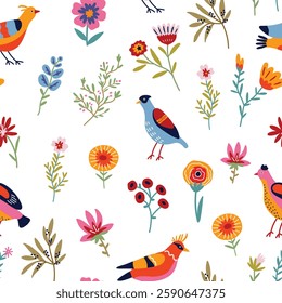 Seamless pattern with abstract colorful flowers and birds, leaves and twigs on a light background. Flat vector illustration