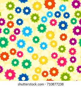 Seamless pattern with abstract colorful flowers, random, chaotic, scattered floral elements. Bright multicolored background. Vector illustration.