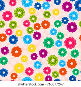 Seamless pattern with abstract colorful flowers, random, chaotic, scattered floral elements. Bright multicolored background. Vector illustration.