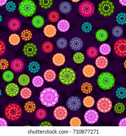 Seamless pattern with abstract colorful flowers, random, chaotic, scattered floral elements. Bright multicolored background. Vector illustration.