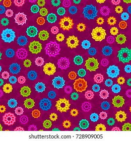 Seamless pattern with abstract colorful flowers, random, chaotic, scattered floral elements. Bright multicolored background. Vector illustration.