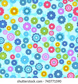 Seamless pattern with abstract colorful flowers, random, chaotic, scattered floral elements. Bright multicolored background. Vector illustration.