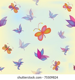 Seamless pattern with abstract colorful flowers and butterflies