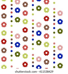 Seamless pattern of abstract colorful gears on a white background. Ideal for package, wrapping paper, wallpaper and fabric design