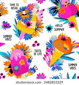 Seamless pattern with abstract colorful ice cream in  flowers print on white background.  Creative texture for fabric,  textile, wallpaper, apparel. Bright Vector illustration