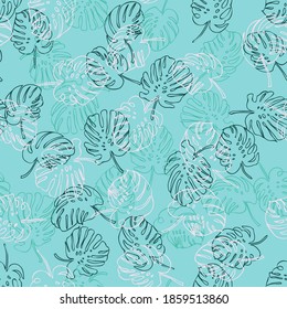 Seamless pattern in abstract colorful leaves of palm. Swiss cheese plant. Floral exotic background for textile, wallpaper, covers, surface, print, wrap, scrapbooking, decoupage. Trendy 2021 colors