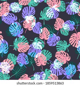 Seamless pattern in abstract colorful leaves of palm. Swiss cheese plant. Floral exotic background for textile, wallpaper, covers, surface, print, wrap, scrapbooking, decoupage. Trendy 2021 colors