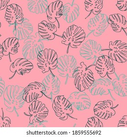 Seamless pattern in abstract colorful leaves of palm. Swiss cheese plant. Floral exotic background for textile, wallpaper, covers, surface, print, wrap, scrapbooking, decoupage. Trendy 2021 colors