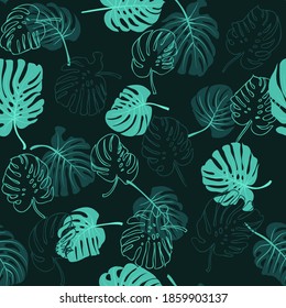 Seamless pattern in abstract colorful leaves of palm. Swiss cheese plant. Floral exotic background for textile, wallpaper, covers, surface, print, wrap, scrapbooking, decoupage. Trendy 2021 colors