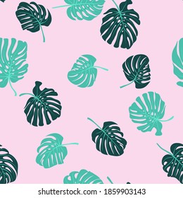 Seamless pattern in abstract colorful leaves of palm. Swiss cheese plant. Floral exotic background for textile, wallpaper, covers, surface, print, wrap, scrapbooking, decoupage. Trendy 2021 colors