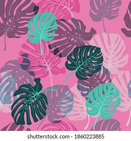 Seamless pattern in abstract colorful leaves of palm. Swiss cheese plant. Floral exotic background for textile, wallpaper, covers, surface, print, wrap, scrapbooking, decoupage. Trendy 2021 colors