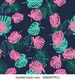 Seamless pattern in abstract colorful leaves of palm. Swiss cheese plant. Floral exotic background for textile, wallpaper, covers, surface, print, wrap, scrapbooking, decoupage. Trendy 2021 colors