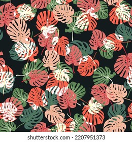 Seamless pattern in abstract colorful leaves of palm. Floral exotic background for textile, wallpaper, covers, surface, print, wrap, scrapbooking, decoupage.