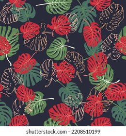 Seamless pattern in abstract colorful leaves of palm. Floral exotic background for textile, wallpaper, covers, surface, print, wrap, scrapbooking, decoupage.