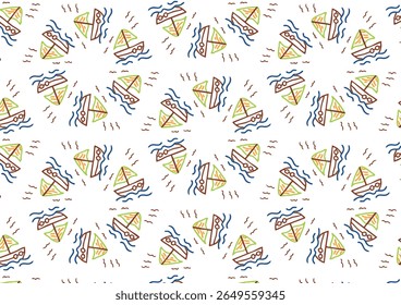 A seamless pattern of abstract, colorful sailboats and waves forming circular arrangements against a white background, interspersed with small squiggly lines.