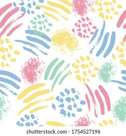 Seamless pattern with abstract colorful shapes on a white background. Spots, stripes. It can be used for decoration of textile, paper and other surfaces.