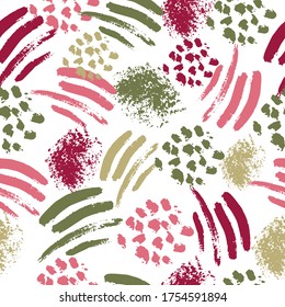 Seamless pattern with abstract colorful shapes on a white background. Spots, stripes. It can be used for decoration of textile, paper and other surfaces.