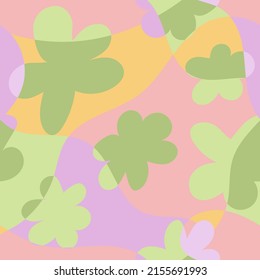 Seamless pattern with abstract colorful shapes and flowers. Low contrast retro vector background