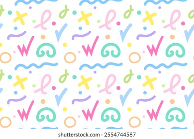 A seamless pattern with abstract colorful shapes and symbols on a white background. Perfect for creative designs.