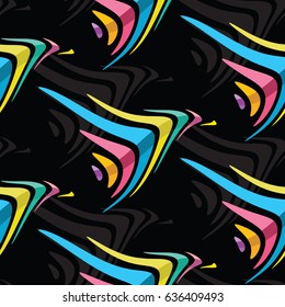 Seamless pattern with abstract colorful shapes that resemble flying birds. Perfect for party background, holiday decoration or bright clothes. Stock vector.
