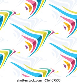 Seamless pattern with abstract colorful shapes that resemble flying birds. Perfect for party background, holiday decoration or bright clothes. Stock vector.