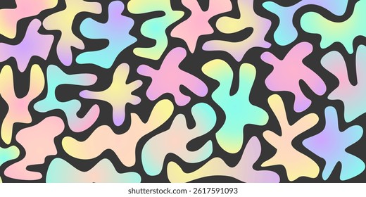 Seamless pattern with abstract colorful silhouette organic shapes. Vector flat background in gradient boho style. Wavy liquid distorted shapes