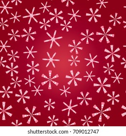 Seamless pattern with abstract colorful snowflakes on red background. Chaotic, random, scattered winter motives. Vector illustration.