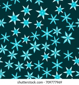 Seamless pattern with abstract colorful snowflakes on dark blue background. Chaotic, random, scattered winter motives. Vector illustration.