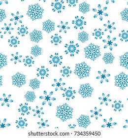 Seamless pattern with abstract colorful snowflakes on transparent background. Chaotic, random, scattered winter motives. Vector illustration.